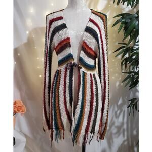 Boston Proper Wool Blend Fringe Stripe Long Cardigan Sweater Womens Size XS Boho